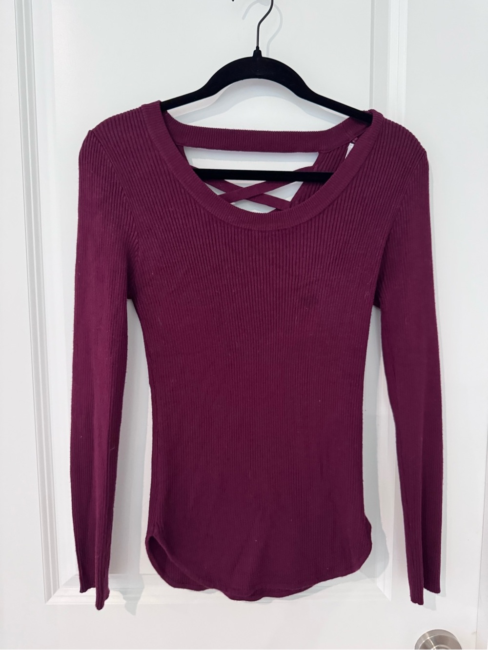 Long Sleeve Ribbed Crisscross Neck Top - Plum